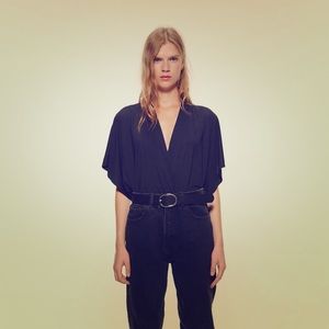 Black, V neck, bodysuit blouse